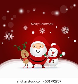 Christmas Greeting Card with Christmas Santa Claus ,Snowman and reindeer. Vector illustration.