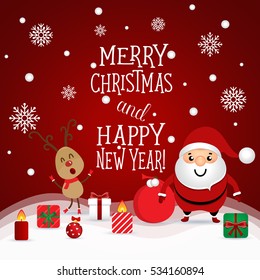 Christmas Greeting Card with Christmas Santa Claus ,Snowman and reindeer. Vector illustration