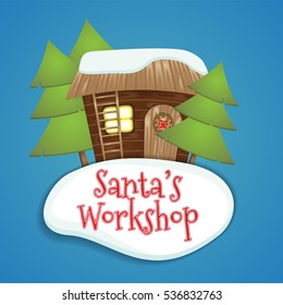 Christmas greeting card. Santa Claus making Christmas gifts at Santa's workshop. The wooden house with a ladder and a Christmas wreath. The light is on. Realistic icon on blue background