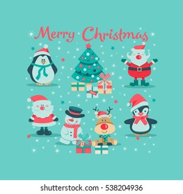 Christmas greeting card with Santa Claus, Christmas tree, boxes, penguins, snowman and deer. Vector illustration.