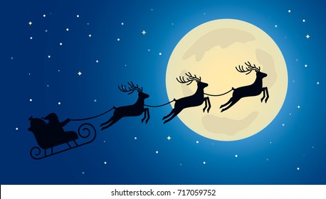  Tarjeta de felicitación de Navidad. Santa Claus en trineo y reno zarpado en el fondo de luna llena en el cielo nocturno .