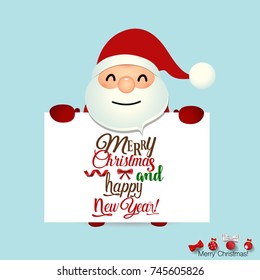 Christmas Greeting Card with Christmas Santa Claus and Merry Christmas lettering. Vector illustration.