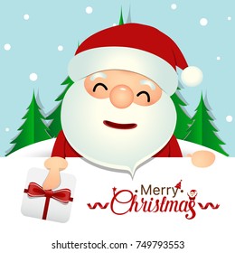 Christmas Greeting Card with Santa Claus and Christmas tree. Vector illustration.