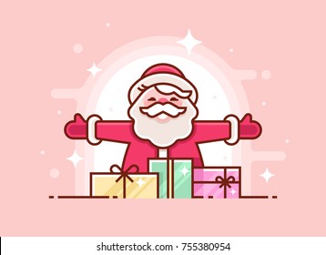 Christmas greeting card with Santa Claus smiling and gifts. Thin line xmas invitation. Vector illustration.