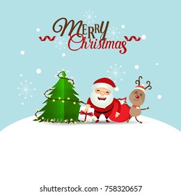 Christmas Greeting Card with Christmas Santa Claus ,reindeer and christmas tree. Vector illustration.