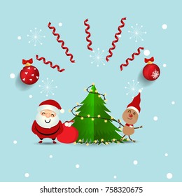 Christmas Greeting Card with Christmas Santa Claus ,reindeer and christmas tree. Vector illustration.
