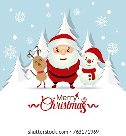 Christmas Greeting Card with Christmas Santa Claus ,Snowman and reindeer. Vector illustration.