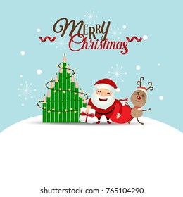 Christmas Greeting Card with Santa Claus and Christmas tree. Vector illustration.