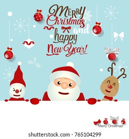 Christmas Greeting Card with Christmas Santa Claus ,Snowman and reindeer. Vector illustration.