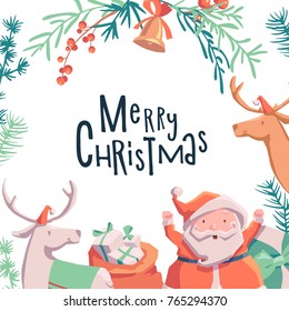 Christmas greeting card with Santa Claus  presents, deer, bell, and bag. 