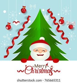 Christmas Greeting Card with Santa Claus, Christmas tree and Christmas decorations. Vector illustration.