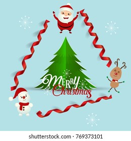 Christmas Greeting Card with Christmas Santa Claus ,Snowman and reindeer. Vector illustration.