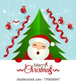 Christmas Greeting Card with Santa Claus, Christmas tree and Christmas decorations. Vector illustration.