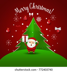 Christmas Greeting Card with Santa Claus and Christmas tree. Vector illustration.