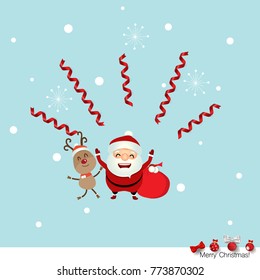 Christmas Greeting Card with Christmas Santa Claus and Reindeer. Vector illustration.
