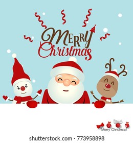 Christmas Greeting Card with Christmas Santa Claus ,Snowman and reindeer. Vector illustration.