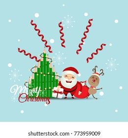 Christmas Greeting Card with Santa Claus and Christmas tree. Vector illustration.