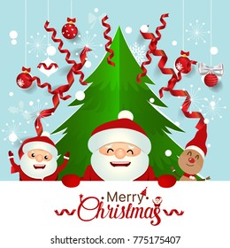 Christmas Greeting Card with Christmas Santa Claus ,Snowman and reindeer. Vector illustration.