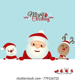 Christmas Greeting Card with Christmas Santa Claus ,Snowman and reindeer. Vector illustration.