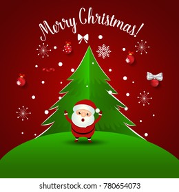 Christmas Greeting Card with Santa Claus and Christmas tree. Vector illustration.