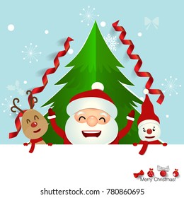 Christmas Greeting Card with Christmas Santa Claus ,Snowman and reindeer. Vector illustration.
