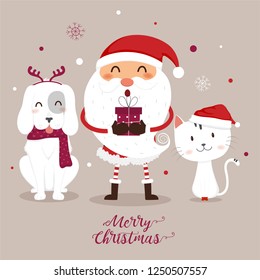 Christmas greeting card with Santa Claus,Cat and Dog.