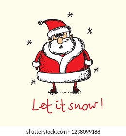 Christmas greeting card with Santa Clauses and greeting quote Let it snow