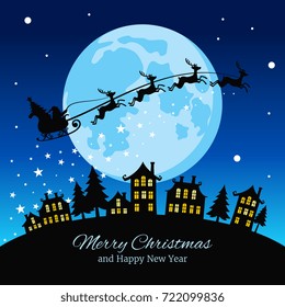 Christmas greeting card with santa and deers flying sky over city vector illustration. Santa and reindeer in night sky