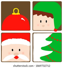 Christmas greeting card santa and dwarf fairy, four designs in one square. Perfect for art, postcards, cards, wall decor, t-shirts, cards, prints, drawing books, coloring books, wallpaper, prints, ect