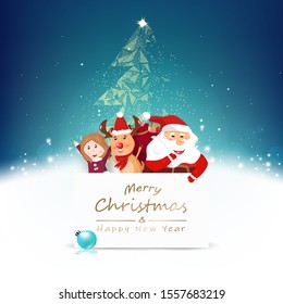 Christmas greeting card, Santa and friends cartoon celebration, tree polygon and snow fall glowing winter seasonal holiday vector illustration