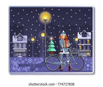 Christmas greeting card with santa girl for winter holidays. Cute girl on the snow-covered street with Christmas gift box. Vector illustration