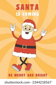 Christmas greeting card with santa in groovy retro style. Template for Merry Christmas and Happy New year greeting card, poster, party invitation. Vector illustration