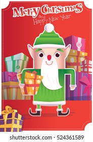 Christmas Greeting card with Santa helper. Poster layout for Christmas and New Year with Santa Claus. Mountain Gifts. Elf with gifts.