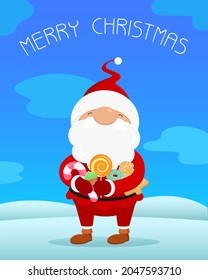 Christmas greeting card. Santa holding sweets. Vector illustration.