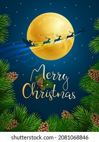 Christmas greeting card. Santa on a sleigh with reindeer flies against the background of the full moon. Vector illustration