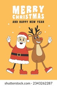 Christmas greeting card with santa and reindeer in groovy retro style. Template for Merry Christmas and Happy New year greeting card, poster, party invitation. Vector illustration