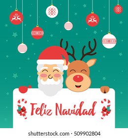 Christmas greeting card with Santa and Rudolph in Spanish