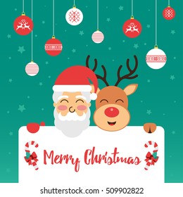 Christmas greeting card with Santa and Rudolph in English