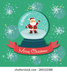 Christmas greeting card with Santa standing in winter snow ball snowflakes.