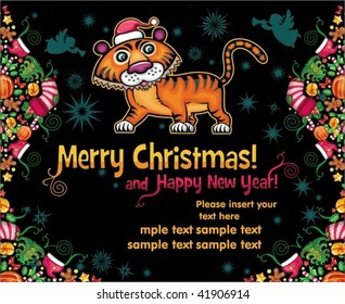 Christmas greeting card with Santa tiger