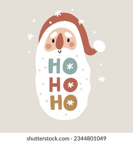 Christmas greeting card with Santa wishes quotes. Hand drawn New year print with cute traditional design elements. Merry Christmas posters with Santa