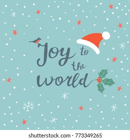 Christmas greeting card with Santa's hat, snow, bullfinch, holly and hand written lettering
