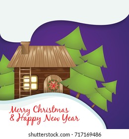 Christmas greeting card. Santa's workshop in the wood. Realistic icon on purple background. The wooden house with a ladder and a Christmas wreath. The light is on. Smoke from House chimney.