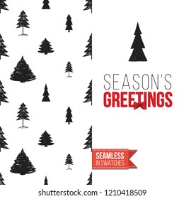 Christmas greeting card in scandinavian flat art style decorated by seamless pattern background. Inscription: season's greetings. Hand drawn vector template.