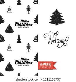 Christmas greeting card in scandinavian flat art style decorated by seamless pattern background. Inscription: welcome. Hand drawn vector template.