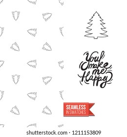 Christmas greeting card in scandinavian flat art style decorated by seamless pattern background. Inscription: you make me happy. Hand drawn vector template.