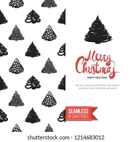 Christmas greeting card in scandinavian flat art style decorated by seamless pattern background. Inscription: merry christmas. Hand drawn vector template.