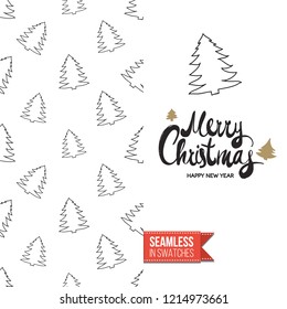 Christmas greeting card in scandinavian flat art style decorated by seamless pattern background. Inscription: merry christmas. Hand drawn vector template.