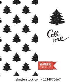 Christmas greeting card in scandinavian flat art style decorated by seamless pattern background. Inscription: call me. Hand drawn vector template.