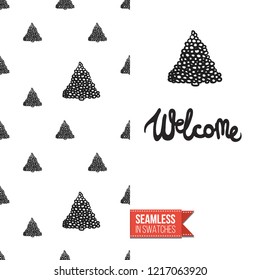 Christmas greeting card in scandinavian flat art style decorated by seamless pattern background. Inscription: welcome. Hand drawn vector template.